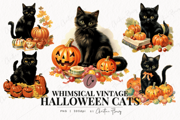 Download Whimsical Vintage Halloween Cats Clipart - Art Collection