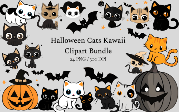 Download Halloween Cats Kawaii Clipart Bundle PNG - Art Collection