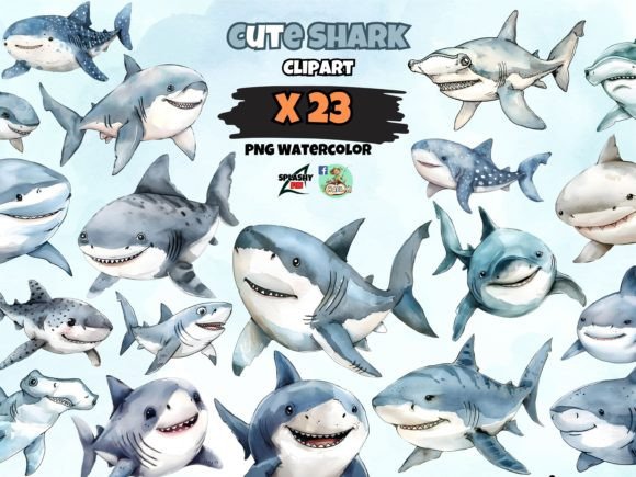 Download Watercolor Cute Shark Clipart PNG Bundle - Art Collection