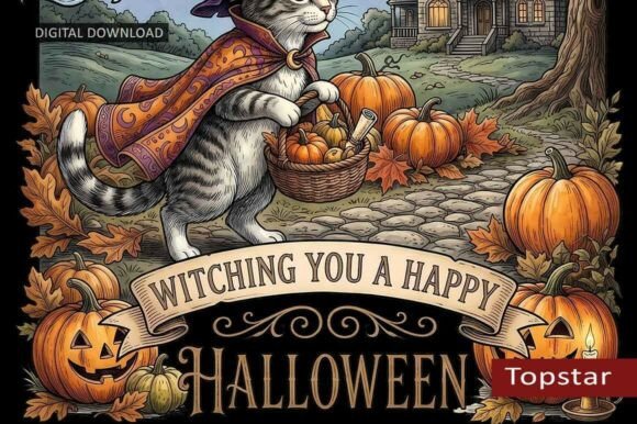 Download Halloween Decor Art Witchy Cat Scene - Art Collection