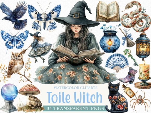 Download Watercolor Toile Witch Clipart Bundle - Art Collection