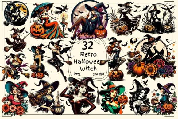 Download 32 Retro Halloween Witch Clipart - Art Collection